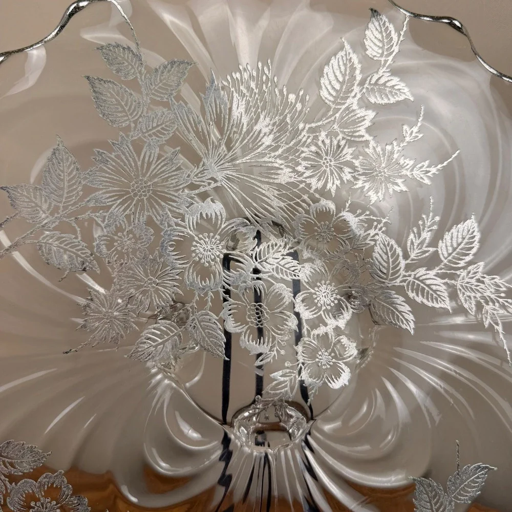 Cambridge Silver City Glass Cake Plate Sterling Silver Overlay Floral 12.25in